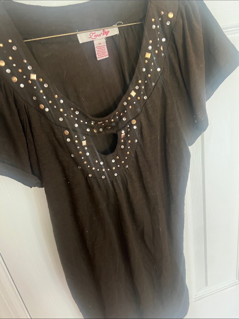 Lena Black Short-Sleeve Tee with Studded Scoop Neck